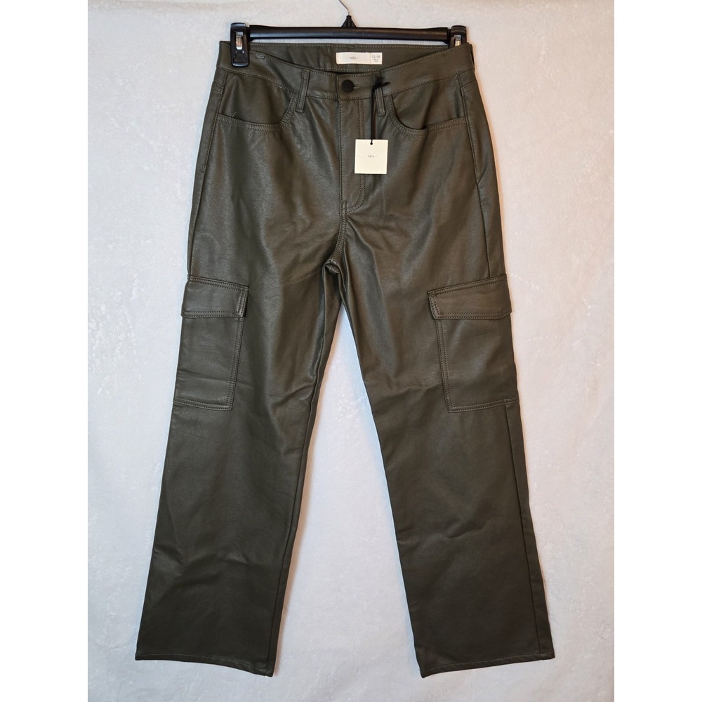 Tgla Women's Rayon Size Large Dark Green Pants Shiny Pockets Faux Leather‎